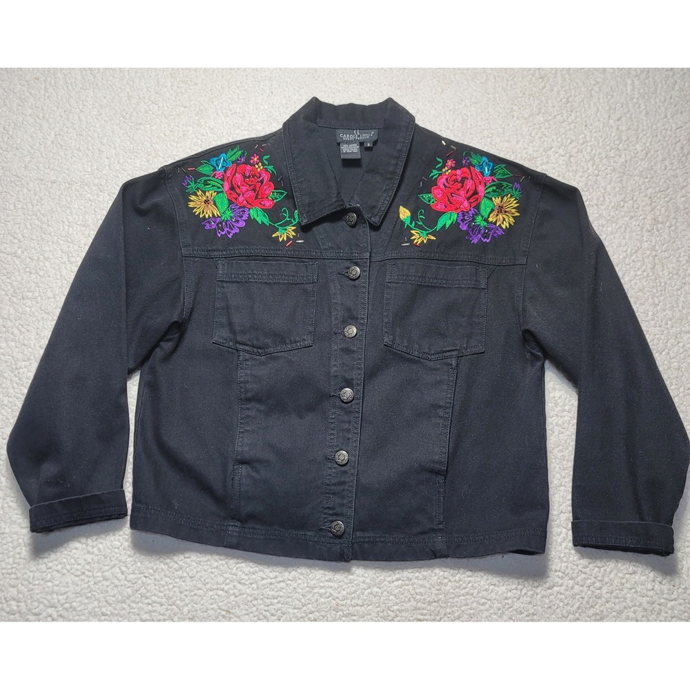 Carole Little Vintage Black Denim Jacket Floral Embroidered Beaded Cotton Size 8